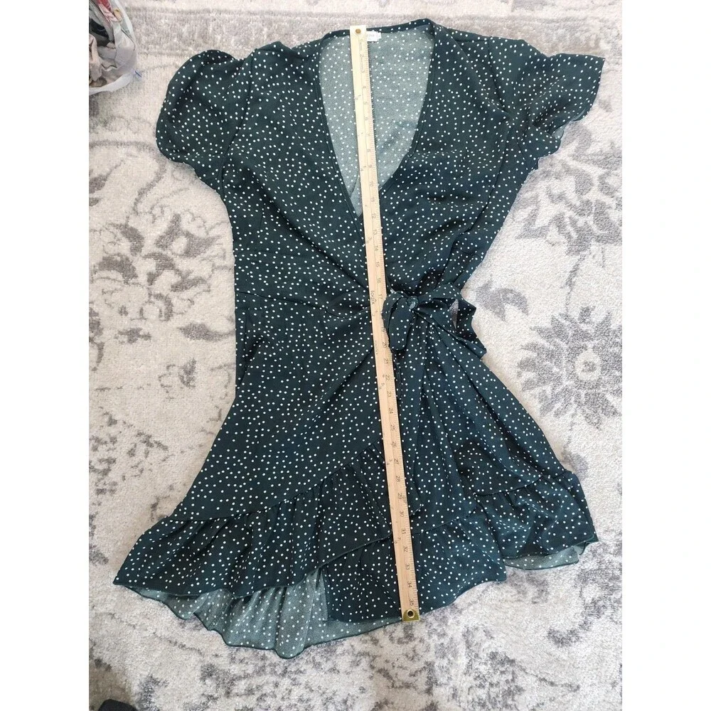 Naggoo Wrap Midi Dress Green Dots V Neck Short Sleeve Ruffle Women’s Large LG - Picture 7 of 10